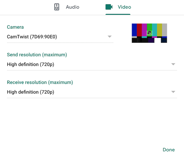 Screenshot of Google Meet video preferences, with the Camera set to 'CamTwist Studio' and the send and receive resolutions set to 'High definition (720p)'