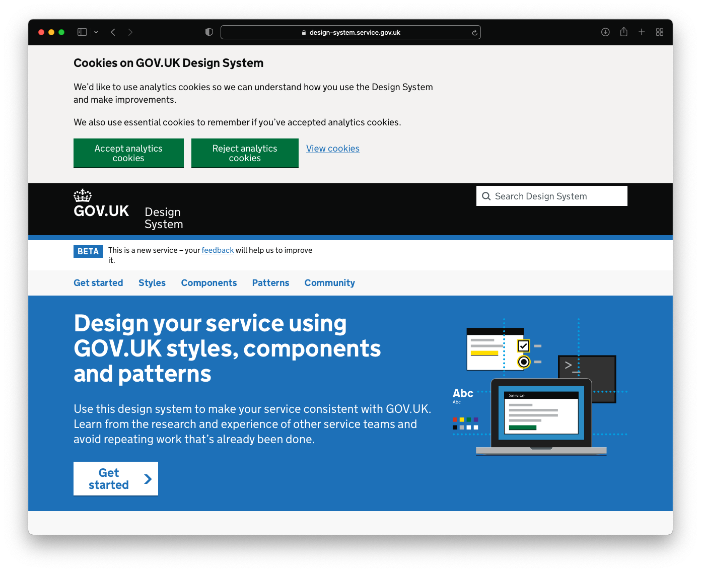 Screenshot of the GOV.UK Design System homepage. The last word in the buttons in the cookie banner, the 'GOV.UK' logo and the beta banner all wrap on to a new line when they don't need to.