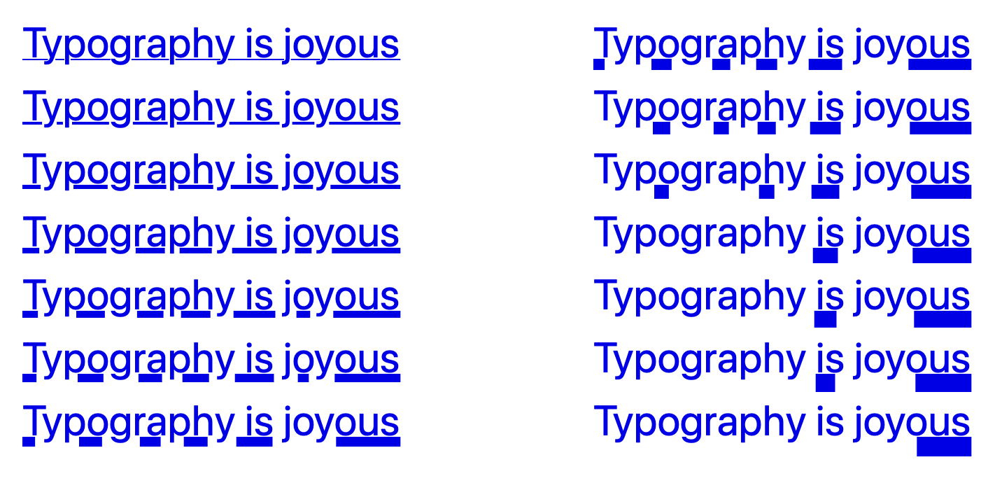 Screenshot showing links with underlines of different thickness. Every link has the text 'Typography is joyous'. As the underlines get thicker, the gaps in the underline around the descenders get larger. For the thickest underline, only the last 3 letters of 'joyous' are underlined, as the rest of the underline has been skipped because of the descenders.