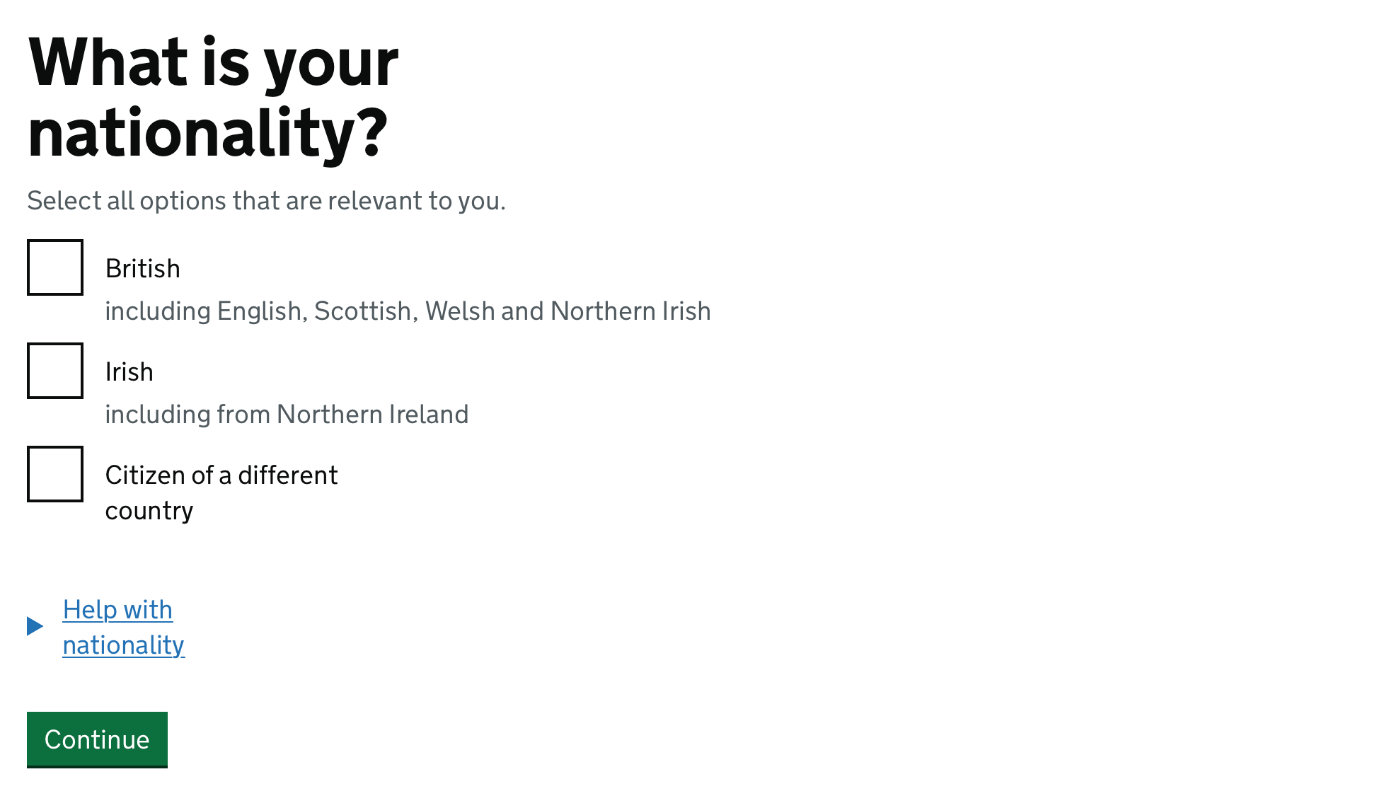 A screenshot of a set of checkboxes asking a user for their nationality. The legend has the text 'What is your nationality?'. The word 'nationality' wraps on to a new line when it doesn't need to. One of the checkboxes has the label 'Citizen of a different country', and 'country' also wraps on to a new line. Under the checkboxes is a details element with the text 'Help with nationality', and 'nationality' again wraps on to a new line. However, some of the checkboxes have hint text which does not wrap on to a new line.